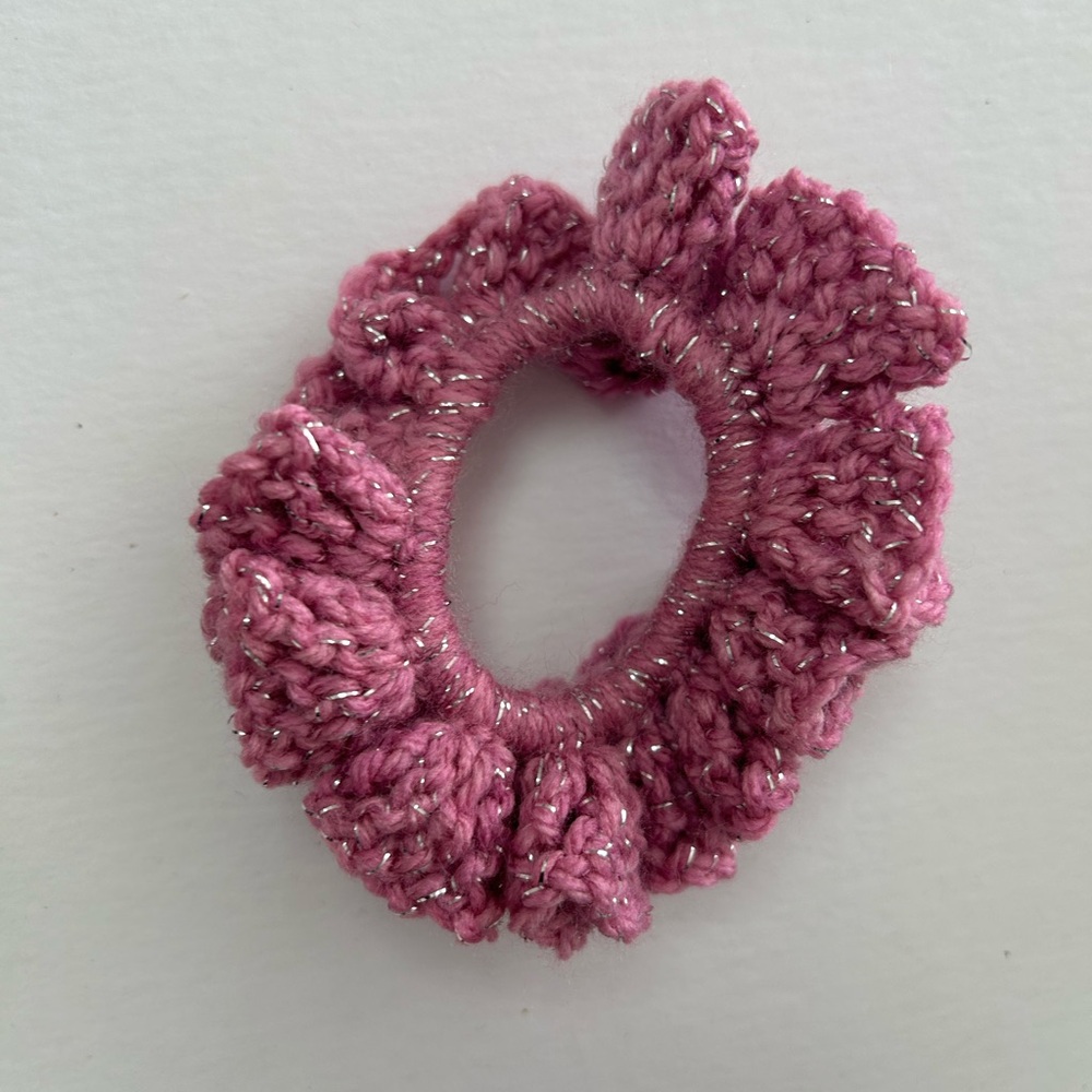 Pink and Silver Crochet Hair Scrunchie